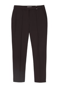Pantalons noirs ajustés avec poches latérales, boucle ajustable à la taille, et plis à l'avant, conçus pour le port formel.