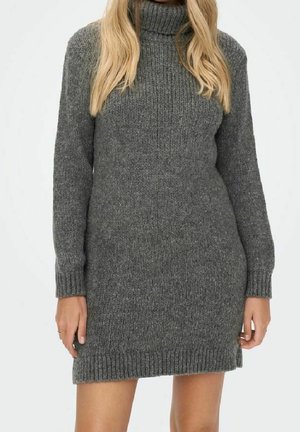 Grau gestricktes Kleid mit hohem Kragen, gerippten Bündchen und Saum, das eine strukturierte Oberfläche für Wärme und Komfort bietet.