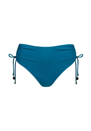 Turkusowy dół bikini z marszczeniem z przodu, regulowanymi bocznymi wiązaniami i małymi metalowymi akcentami. Wykonany z gładkiego, elastycznego materiału.