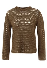 Brauner, gestrickter Pullover mit lockerem, offenem Häkelmuster, langen Ärmeln und rundem Halsausschnitt. Strukturierter Stoff mit horizontalen Streifen.