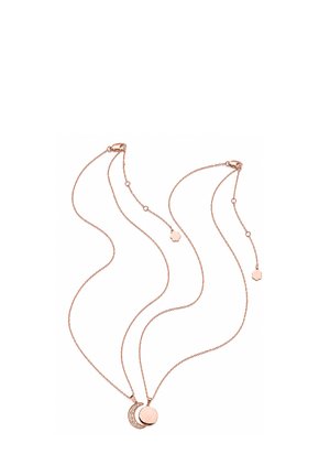 Two rose gold chains with pendants, one crescent moon with embedded stones and one smooth circular disk, both with adjustable clasps.