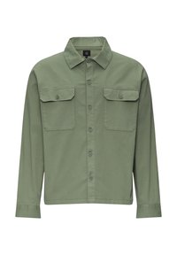Olijfgroene langdHandige T-shirt, mengsel van katoen, met knopen aan de voorkant, twee borstzakken, omgevouwen kraag en knoopmanchetten.
