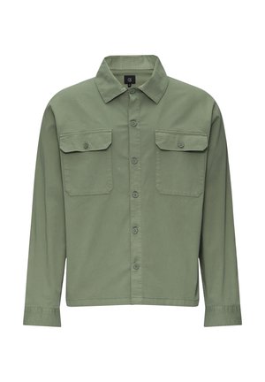 Olive green long-sleeve shirt, cotton blend, button-up front, two chest pockets, fold-down collar, and wrist-button cuffs.