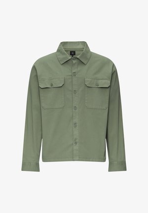 Olivgrünes Langarmhemd, aus Baumwollmischung, Knopfleiste vorne, zwei Brusttaschen, Hemdkragen und Knopfmanschetten.