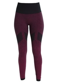 Leggings burdeos con una alta cinturilla negra, que presentan un patrón texturizado, acentos de malla negra y una forma ajustada.
