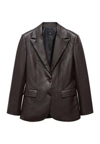 Dunkelbrauner Kunstleder-Blazer mit Reverskragen, zwei Knöpfen und zwei Klappentaschen, präsentiert vor einem weißen Hintergrund.