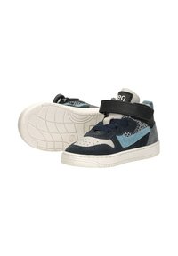 Hoge sneakers met een mix van marineblauw, lichtblauw en grijs suède, met een gestructureerd patroon, veters en een klittenbandsluiting.