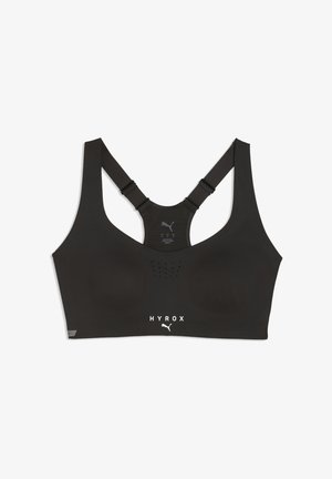 Schwarzer Sport-BH mit Racerback-Trägern, kleinen Belüftungslöchern vorne und weißen Puma- und HYROX-Logos unterhalb des Brustbereichs.