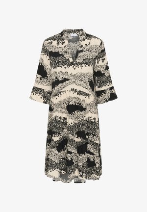 Cvetna obleka z črno-belo obarvanostjo, ki ima ovratnik, kratke rokave in tekoč, nabran obliko.