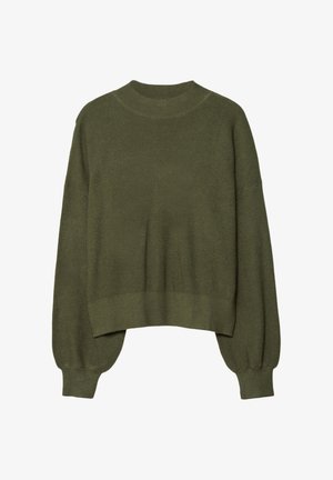 Maglione lavorato a maglia verde oliva con scollo rotondo, spalle scese e maniche lunghe a sbuffo, con un design corto e polsini a costine.