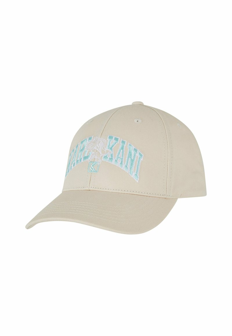 Beige baseball cap with a curved brim, featuring light blue embroidered text and a logo on the front. Smooth fabric with stitched details.