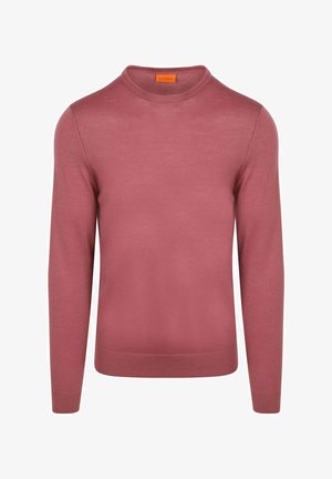 Langarmtrui met ronde hals in stoffig roze met geribbelde manchetten en zoom, getoond op een witte achtergrond.