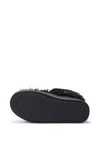 Ciabatta nera con upper in pelliccia testurizzata, suola piatta in gomma e design aperto sulla punta. La suola presenta una presa con motivo per migliorare la trazione.