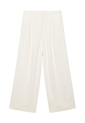 Witte wijde broek met plooien aan de taille en een voorste sluiting, ontworpen voor een losse en comfortabele pasvorm.