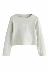 Heled hall ribaga pikendusega lühike topp, millel on rindkere keskel väike tikandiga lipsukujundus.