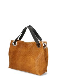 Borsa a tracolla in pelle intrecciata color testa di moro con finitura testurizzata. Caratterizzata da manici in pelle nera e occhietti in metallo argentato come dettagli.