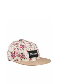 Gorra con estampado floral con flores rosas y moradas sobre fondo beige, visera de ante color canela y parche negro con la etiqueta "Blackskies" en la parte delantera.