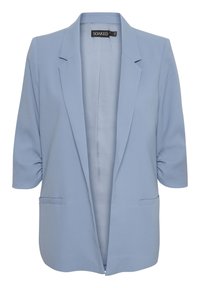 Blazer azul claro hecho de una tela suave, con solapas, mangas cortas y dos bolsillos frontales. Diseño de abertura frontal.