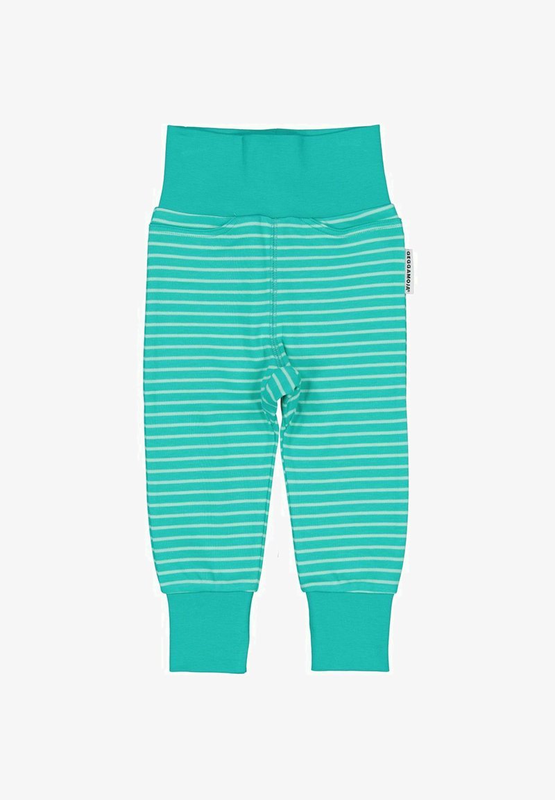 Tummansinisiä raitapötsiä vauvoille, joissa on leveä joustava vyötärö ja cuff-helmia. Pehmeä puuvillasekoitus, jossa on vaakasuoria valkoisia raitoja.