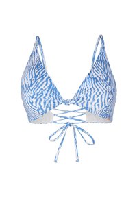 Top de bikini azul e branco com padrão de zebra, copas triangulares, laços ajustáveis no centro e nas costas, e tiras finas.