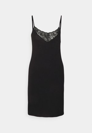 Zwart mouwloos jurkje met een kanten V-halslijn. Glad stof met een getailleerd silhouet en verstelbare spaghettibandjes.
