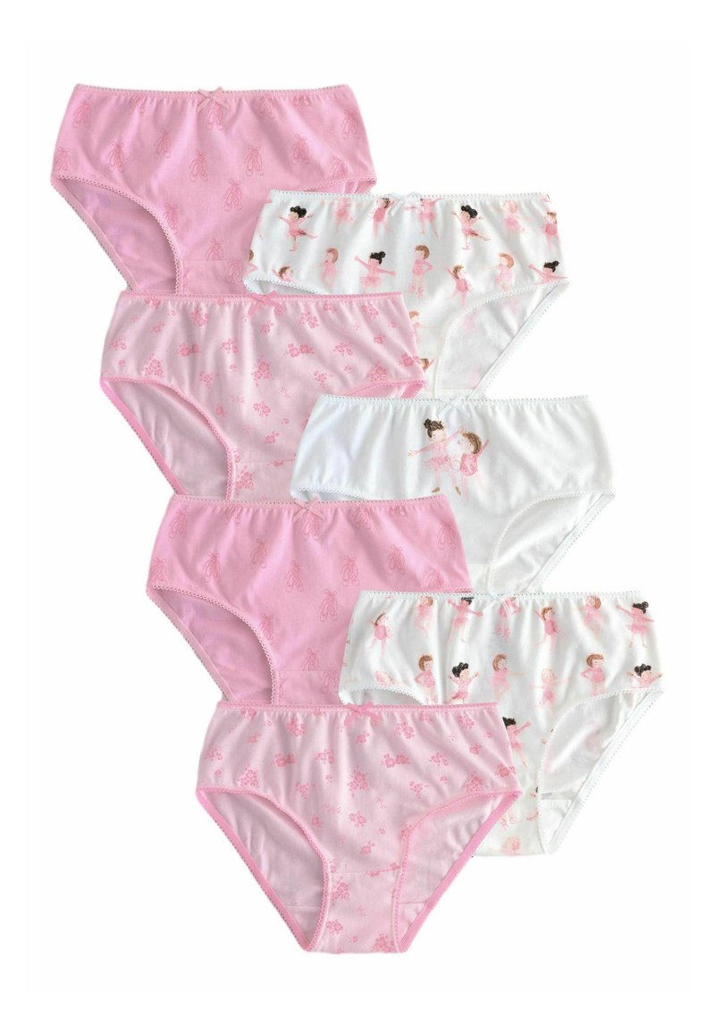 Lot de huit culottes filles en rose et blanc. Comprend des motifs floraux, des imprimés de danseuses de ballet et des ceintures élastiques douces.