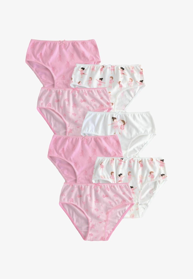 Sept paires de sous-vêtements en coton pour filles en rose et blanc, avec des motifs ballerine et floraux, disposés en deux colonnes verticales.