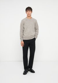 Light gray knitted sweater with a round neckline, paired with black tailored trousers and black leather shoes, standing against a plain background.