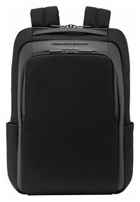 Black backpack made of textured material with a smooth top panel, dual adjustable straps, zip closure, and subtle branding detail.