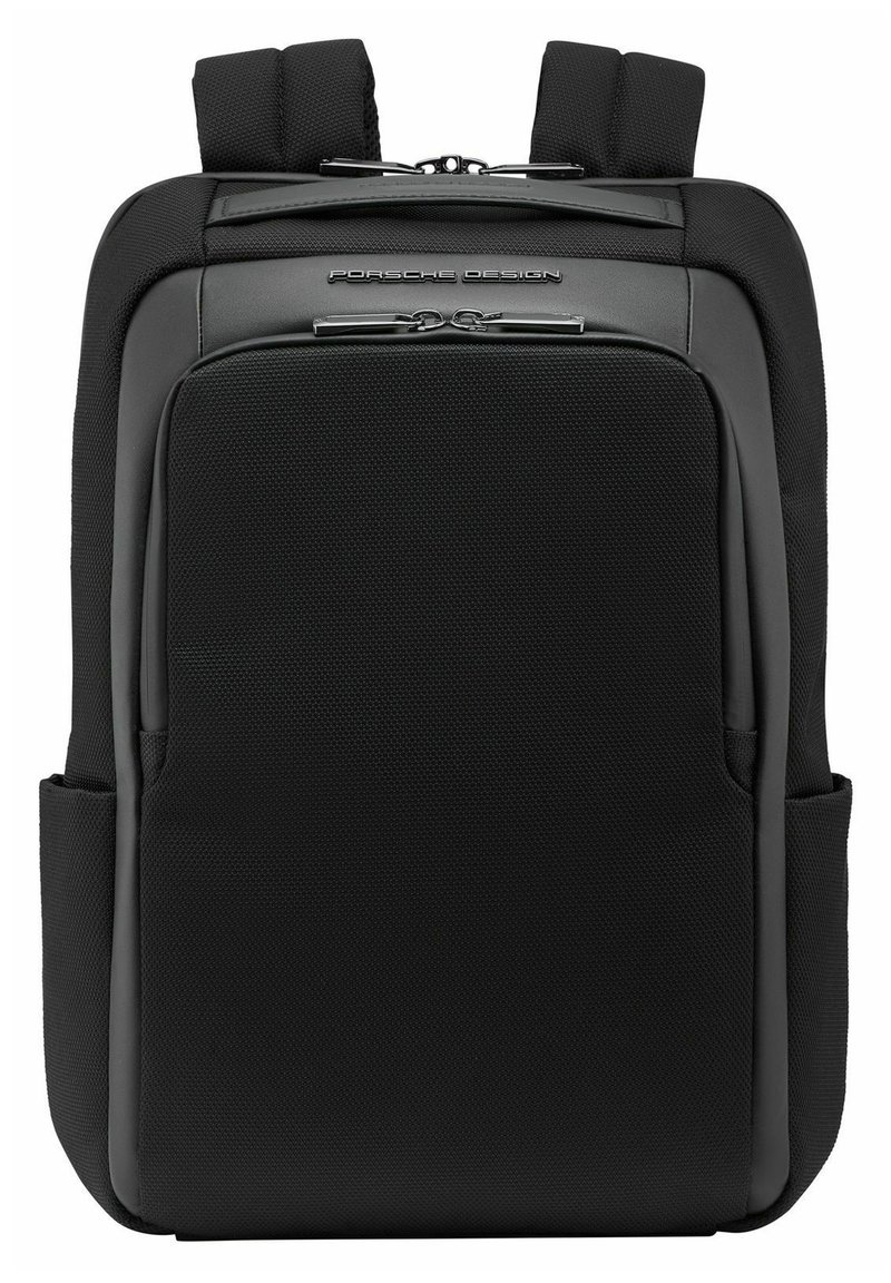 Black backpack made of textured material with a smooth top panel, dual adjustable straps, zip closure, and subtle branding detail.