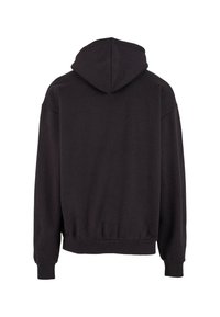 Schwarzer Hoodie mit lockerer Passform, ausgestattet mit einer Kordelzugkapuze, gerippten Bündchen und elastischem Saum. Weicher Stoff, schlichtes Design und keine sichtbaren Logos.
