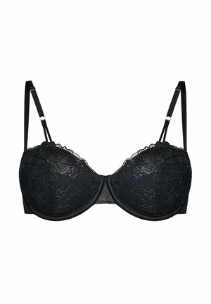 Schwarzer BH mit Unterdraht, verziert mit floraler Spitzenstickerei und verstellbaren feinen Schulterträgern auf einem weißen Hintergrund.
