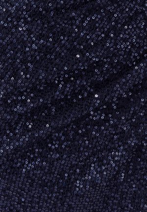 Navy fabric covered in small, shiny sequins, creating a textured, shimmering effect. Material appears lightweight and flexible.