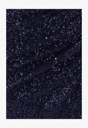 Navy fabric covered in small, shiny sequins, creating a textured, shimmering effect. Material appears lightweight and flexible.
