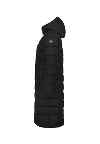 Černý péřový kabát s kapucí, s prošívaným designem, postranní kapsou na zip a logem na levém rameni. Dlouhý silueta.