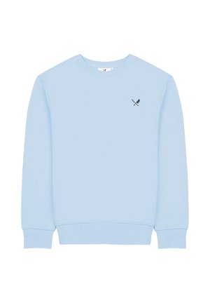 Sweat-shirt bleu clair à col ras du cou avec petit logo noir représentant un couteau et un couperet croisés sur le côté gauche de la poitrine, poignets et ourlet côtelés.