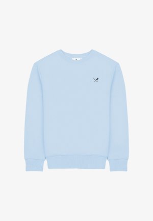 Sweat-shirt bleu clair à col ras du cou avec petit logo noir représentant un couteau et un couperet croisés sur le côté gauche de la poitrine, poignets et ourlet côtelés.