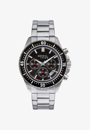 Sølvfarvet rustfrit stål chronograph-ur med en sort urskive, hvide detaljer, røde elementer og en roterende bezel markeret med minutinddelinger.