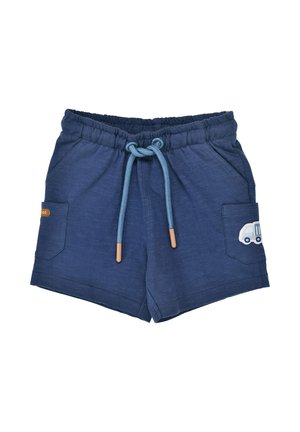 Navy blue toddler shorts with elastic waistband, light blue drawstring, side pockets, and a small truck patch on the right pocket.