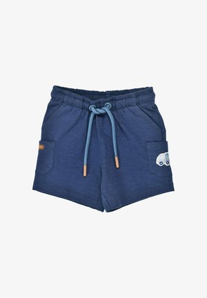 Navy blue toddler shorts with elastic waistband, light blue drawstring, side pockets, and a small truck patch on the right pocket.