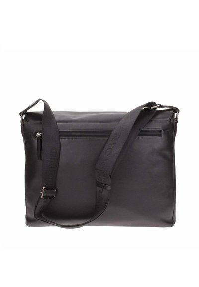 Black messenger bag made of smooth material, featuring a front zipper pocket and adjustable strap with logo accent. Rectangular shape.