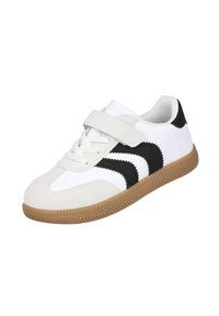 Zapatilla blanca con rayas negras laterales, tira de velcro, cordones y suela de goma, diseñada para uso casual.