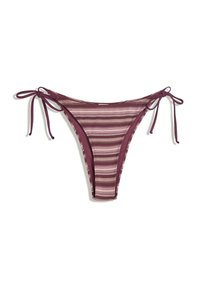 Striped bikini bottoms with tie sides, featuring a mix of burgundy, pink, and brown horizontal stripes, made of elastic swim fabric.