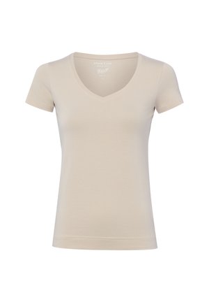 Beige kurzärmeliges Damen-T-Shirt mit V-Ausschnitt, schlichtes Design, schmale Passform, aus weichem Stoff gefertigt.