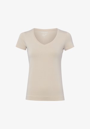 Beige kurzärmeliges Damen-T-Shirt mit V-Ausschnitt, schlichtes Design, schmale Passform, aus weichem Stoff gefertigt.