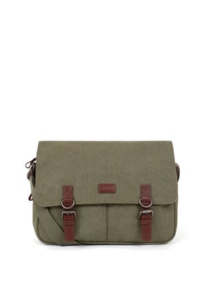 Sac messager en toile vert olive avec bandoulière ajustable et deux fermetures à boucle en cuir marron sur le rabat avant.