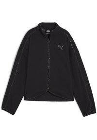 Czarna sportowa kurtka wykonana z polaru, z zamkiem błyskawicznym z przodu, wysokim kołnierzem oraz odblaskowymi akcentami wzdłuż rękawów. Logo Puma na klatce piersiowej.