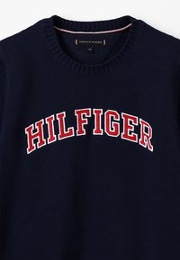 Maglione in maglia blu navy con collo a giro in coste e il logo "HILFIGER" in rosso e bianco in evidenza sul petto. Tessuto strutturato con vestibilità aderente.
