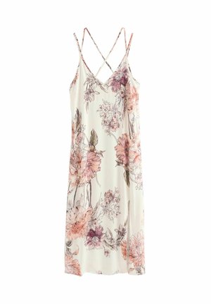 Floral slip dress in light fabric, featuring soft pink and purple flowers, adjustable spaghetti straps, and a flowing design.