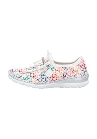 Multicolored lightweight sneaker with a pattern of small geometric shapes, featuring a white textured upper, elastic laces, and a zip detail.